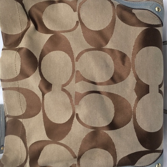 Coach Signature Carly Khaki Brown,Tan SlateBlue Leather Hobo Bag ✅Offers Welcome - Picture 2 of 12